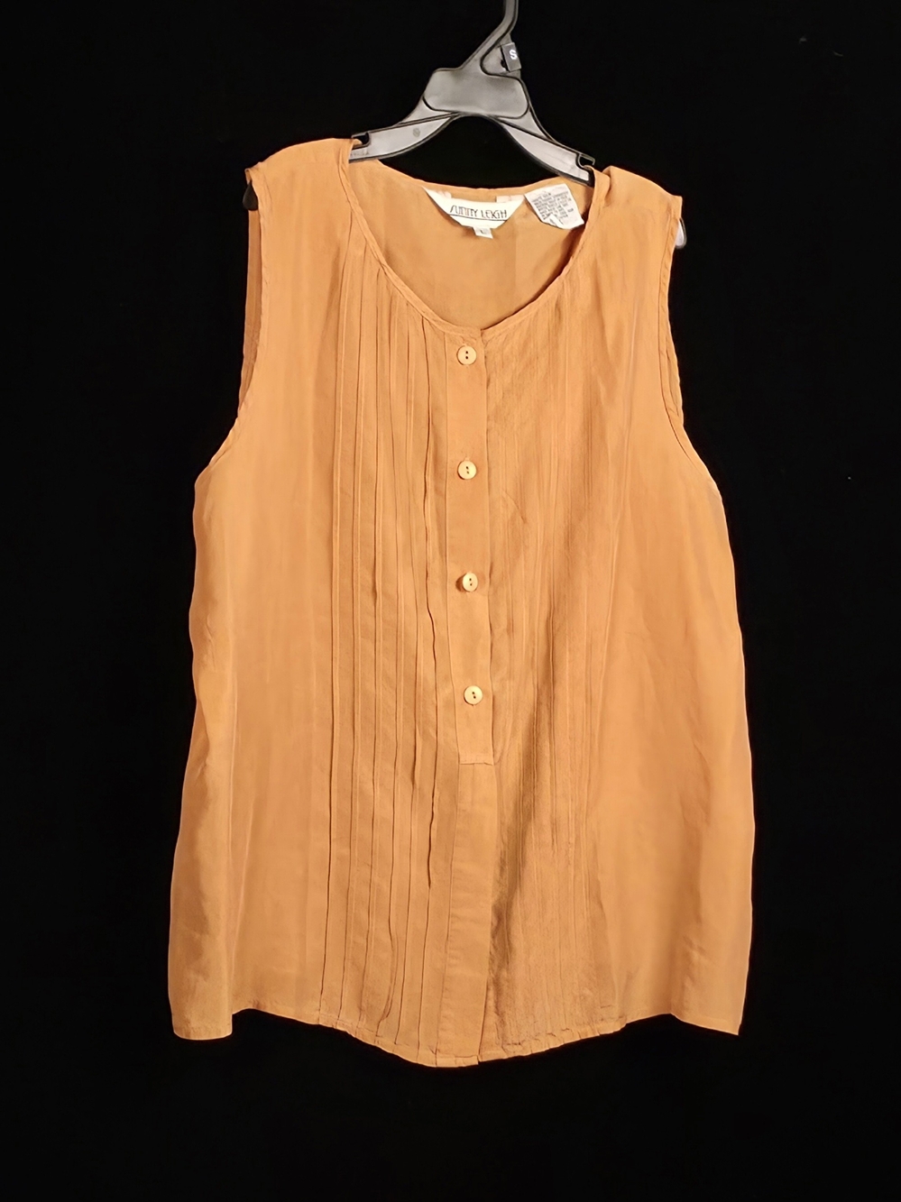 #150 Sunny Leigh L 100% Silk Golden Mustard Pintuck Sleeveless Blouse